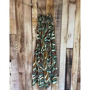 Anthropologie‎ Sundress Abstract Leaf Print Smocked Tiered Boho Midi Dress XXS